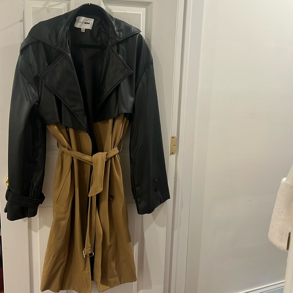 Khaki and leather oversized trench coat